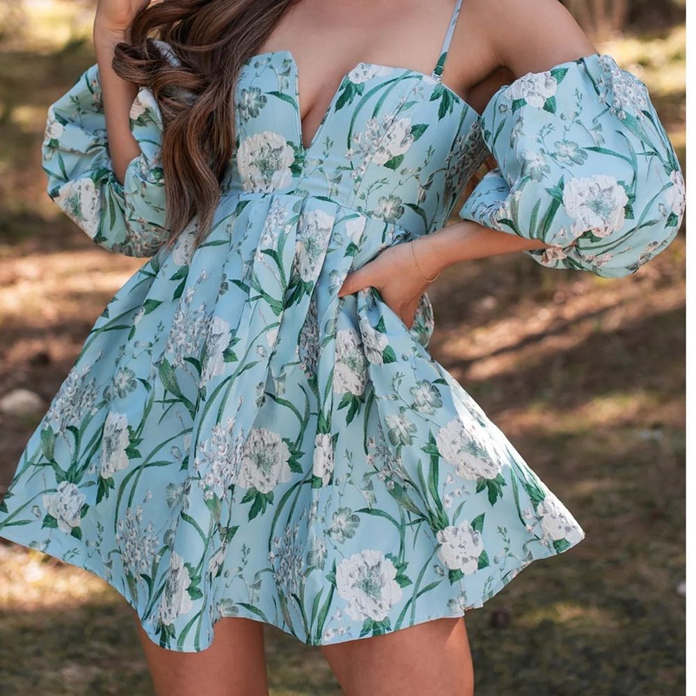Ina - Aqua Blue Elegant Floral Puff Sleeve Dress - M - NWT
